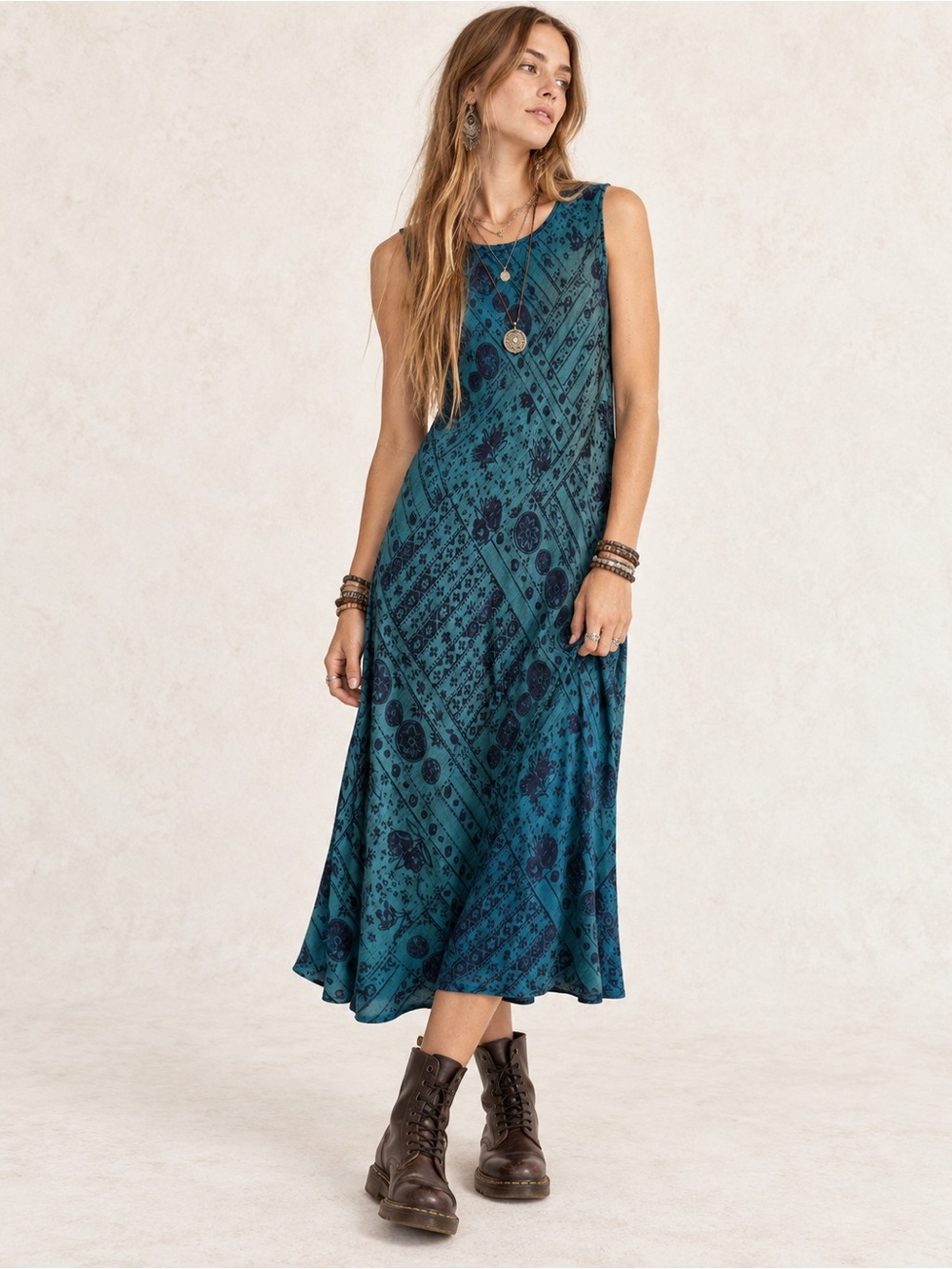 Vintage Carole Little Teal Navy Print Sleeveless Midi Dress Size 16 Made USA